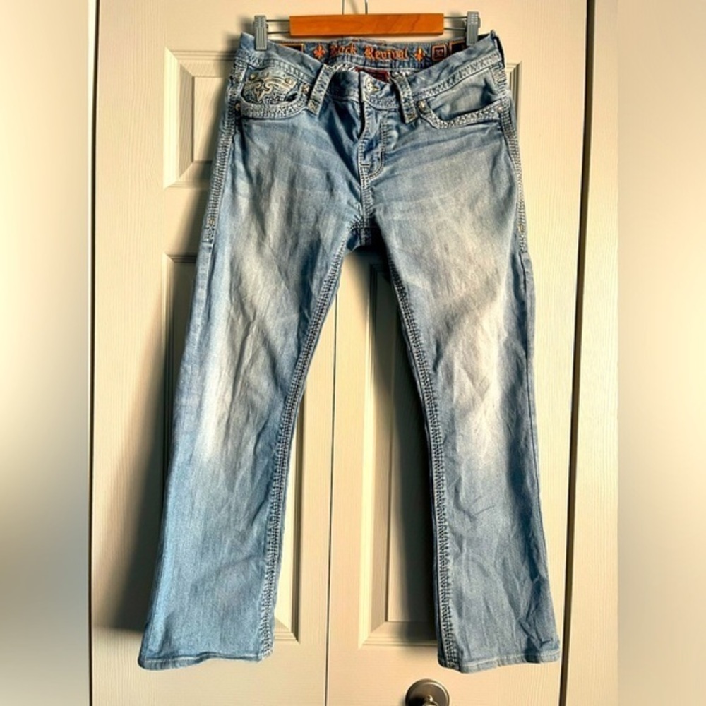 Rock Revival Lupita Boot Jeans Light Blue Wash Embellished‎ Pockets Size 32